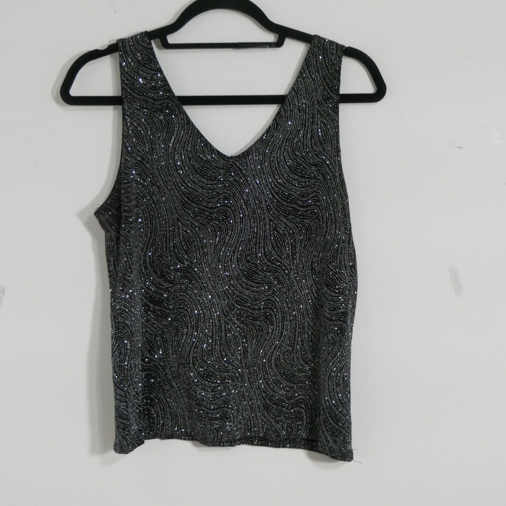 Onyx Nite Womens Tank S Black Silver Glitter Swirl Party Glam Feminine Layering